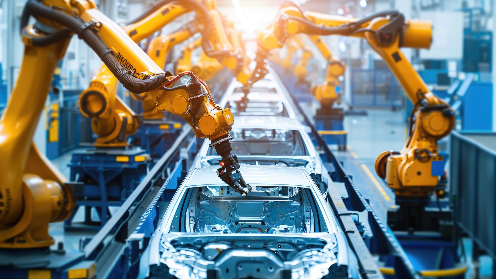 Brazos roboticos ensamblando la carroceria de un automovil en una linea de produccion.