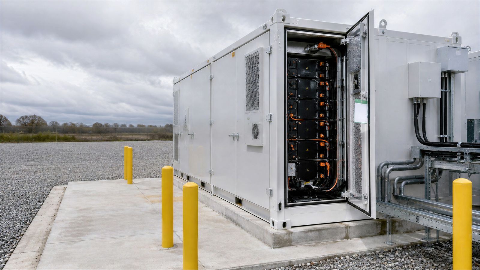 Contenedor de almacenamiento de energia en bateria abierto, con los racks de modulos de litio, canalizaciones y proteccion perimetral, sobre losa de concreto.
