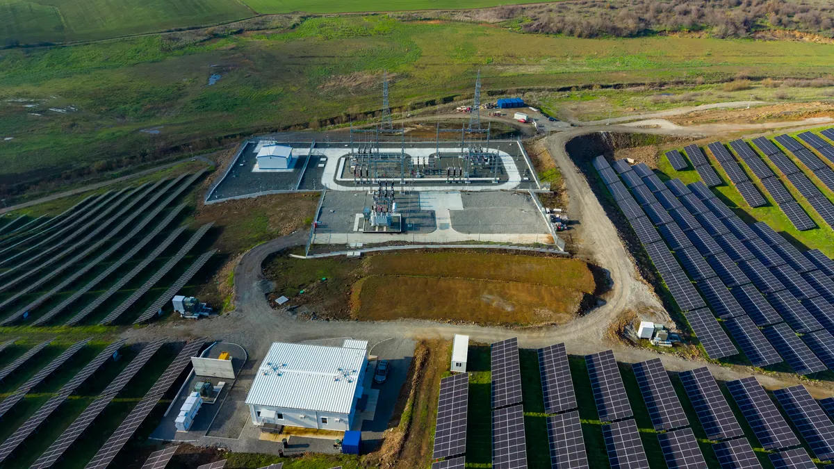 Solar park with control building and substation.