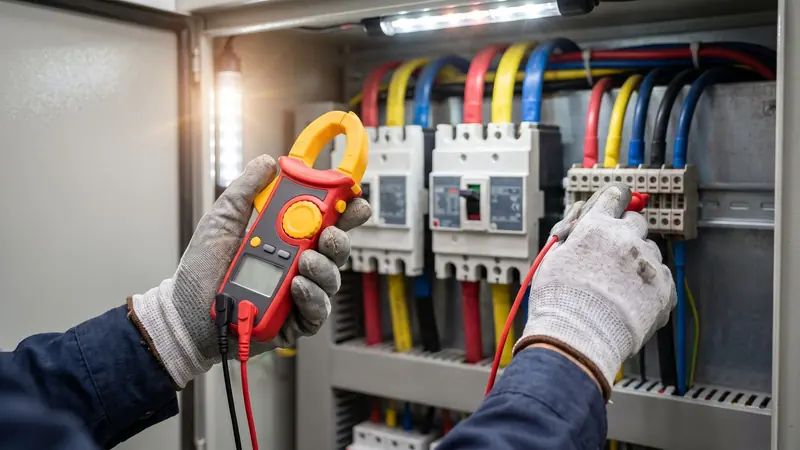 Medición con pinza amperimétrica dentro de un tablero industrial de distribución.