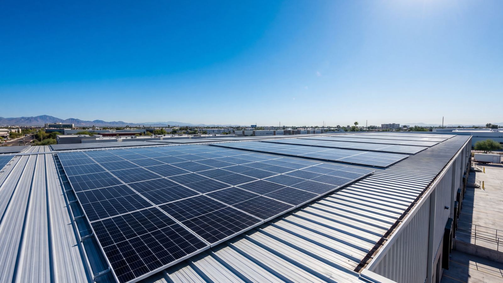 Paneles solares modernos instalados sobre la cubierta de una nave industrial, bajo cielo despejado.