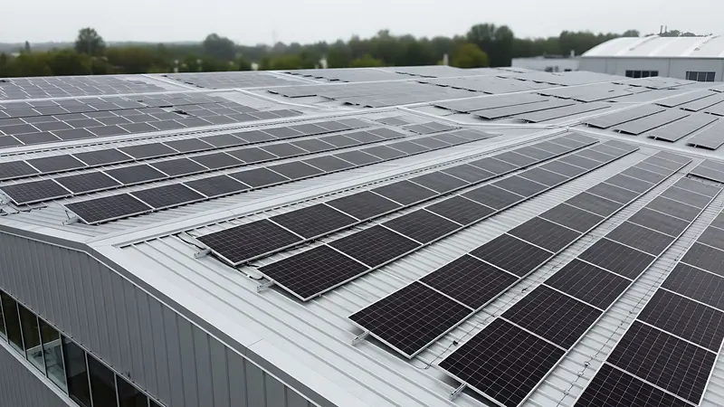 Vista aérea de paneles solares sobre una cubierta industrial.